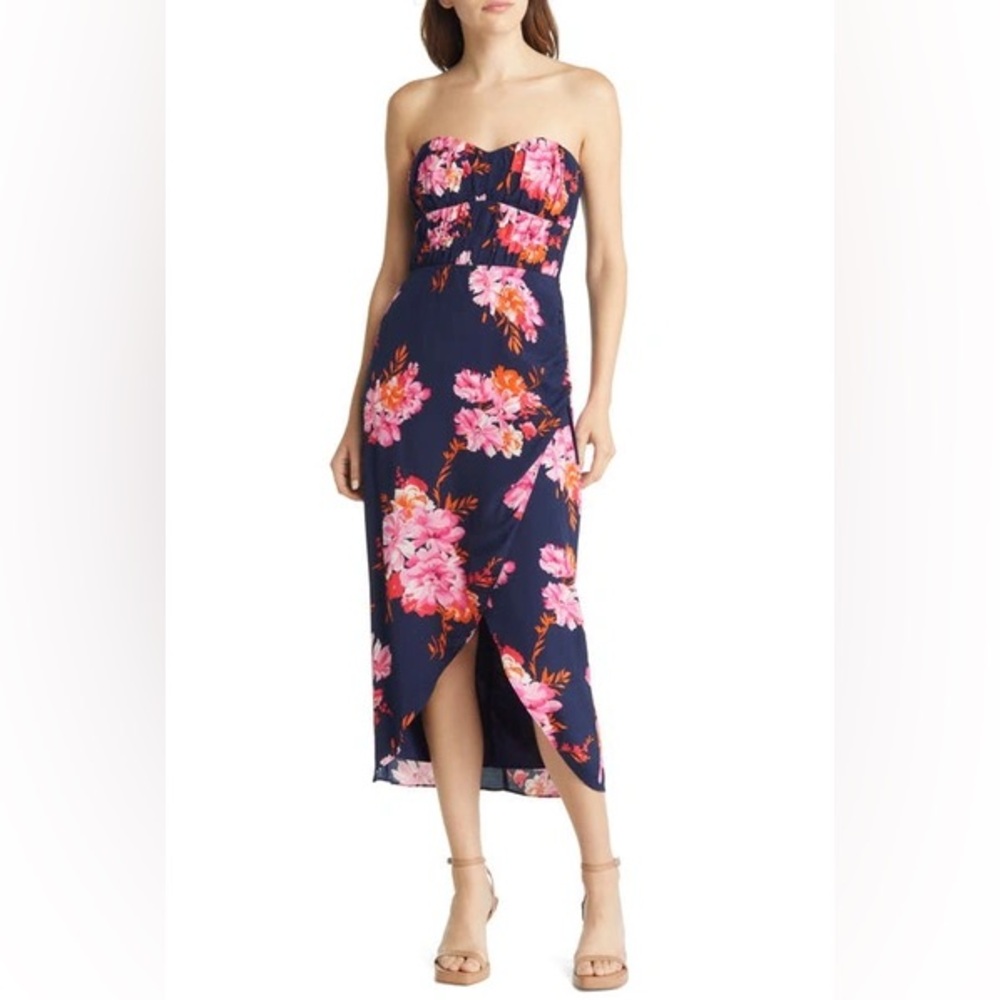 Charles Henry Floral Strapless Midi Dress in Navy Bouquet 🌺